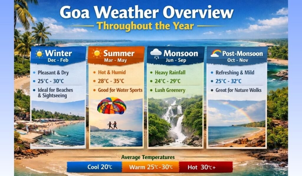 Best Time to Visit Goa: Weather, Seasons, Festivals & Travel Tips (Complete Guide) 2 Goa Weather Overview Throughout the Year